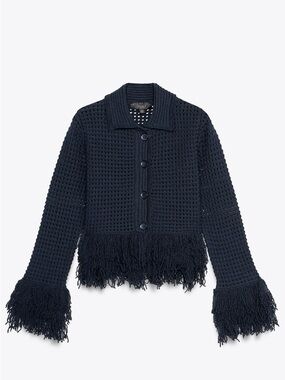 Zara Dark Navy Crochet Jacket with Fringe Hem and Cuffs